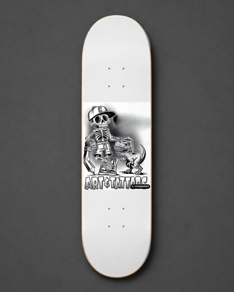 Skeleton, Rex and Pencil Skate Deck